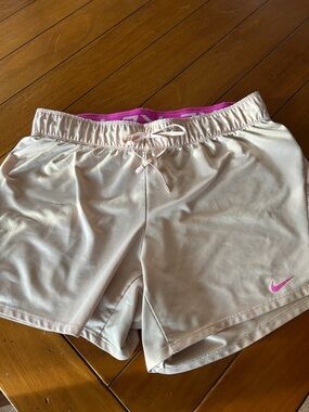 Nike Beige Running Shorts Pink Logo Athletic Size Medium Lightweight